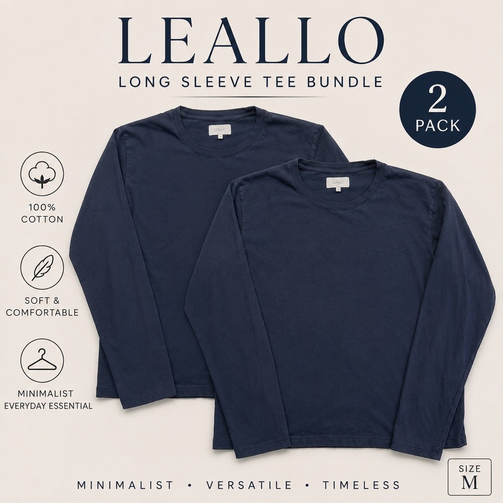 LEALLO Navy Cotton Long Sleeve Tee Bundle Minimalist Quiet Luxury Medium